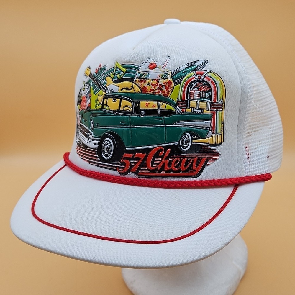 Vintage 1957 Chevy Hat‎ Cap Autographix Kandi Tops SnapBack Trucker Mesh White